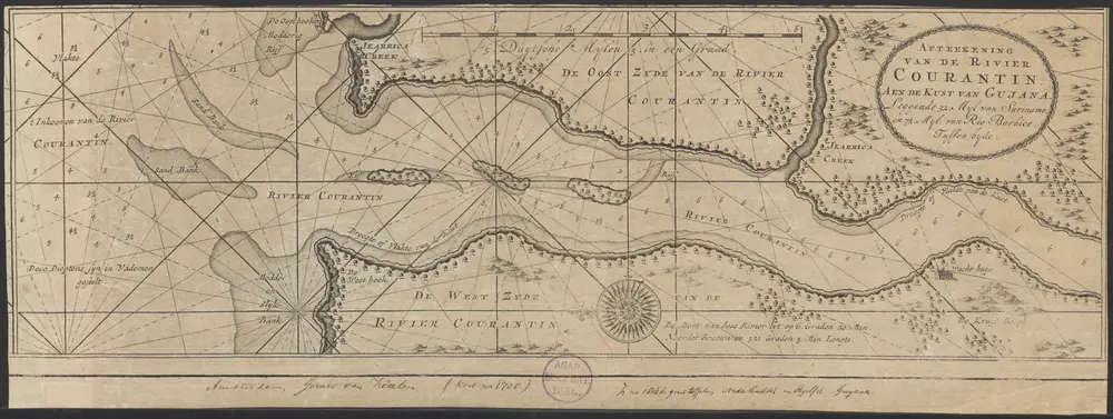 Afteekening van de Rivier Courantin. Aen de kust van Gujana. Leggende 32 Myl van Suriname en 7 1/2 Myl van Rio Barbice tussen byde