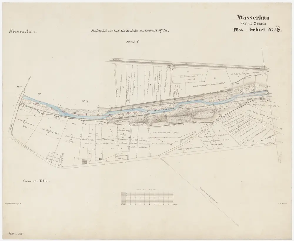 Wila, Turbenthal: Unterhalb der hölzernen Brücke bei Tablat, Tösskorrektion; Situationsplan (Töss-Gebiet Nr. 18, Blatt 1)