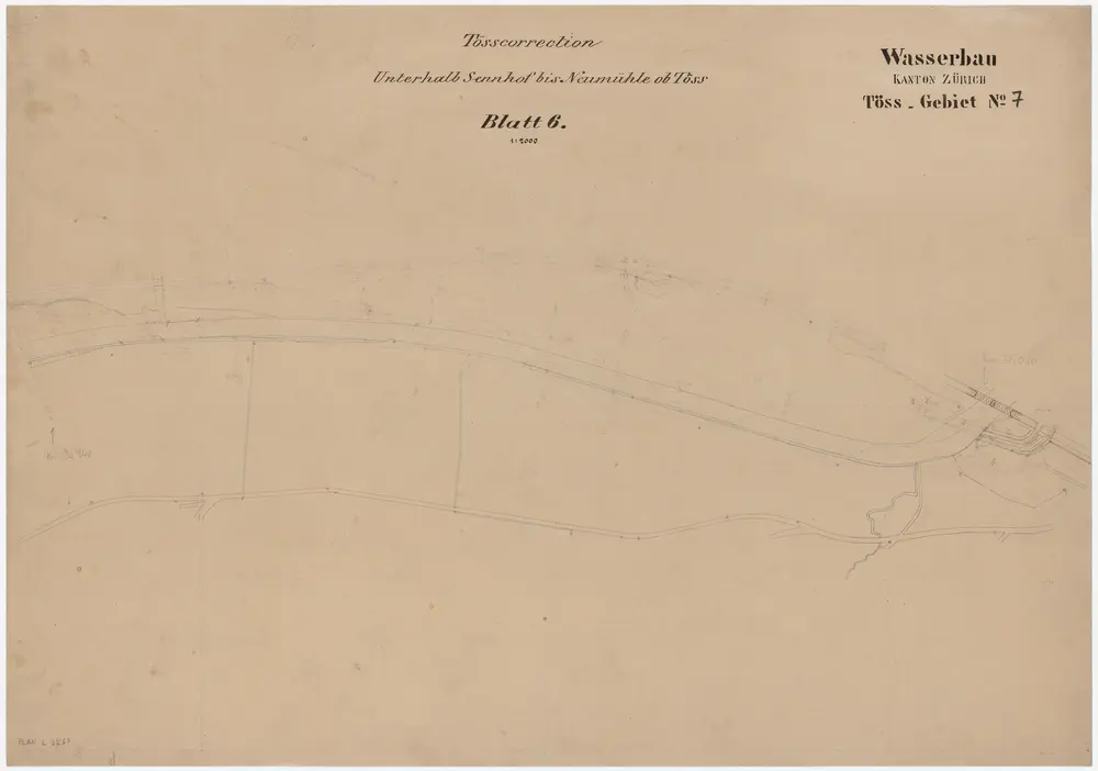 Töss: Von oberhalb der Einmündung der Kempt bis zur Brücke der Schweizerischen Nordostbahn NOB und der Schweizerischen Nordbahn SNB, Tösskorrektion; Situationsplan (Töss-Gebiet Nr. 7, Blatt 6)