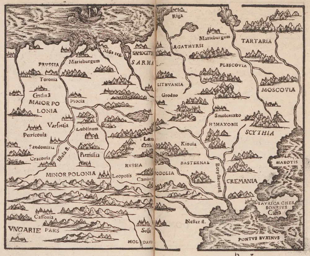 [Sarmatia, Polonia, Scythia] [Karte], in: Rudimentorum Cosmographicorum Ioan. Honteri Coronensis libri III. cum tabellis Geographicis elegantissimis, S. 75.