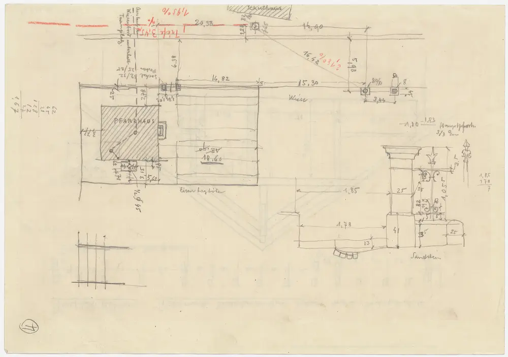 Uitikon: Pfarrhaus und Pfarrgarten mit Einfriedung: Südansicht der Giebelwand, Grundriss des Pfarrgartens mit Einfriedung, Detailansicht der Einfriedung (Nr. 4)